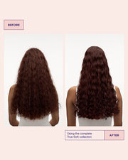 Hår før og efter brug af Maria Nila True Soft Shampoo